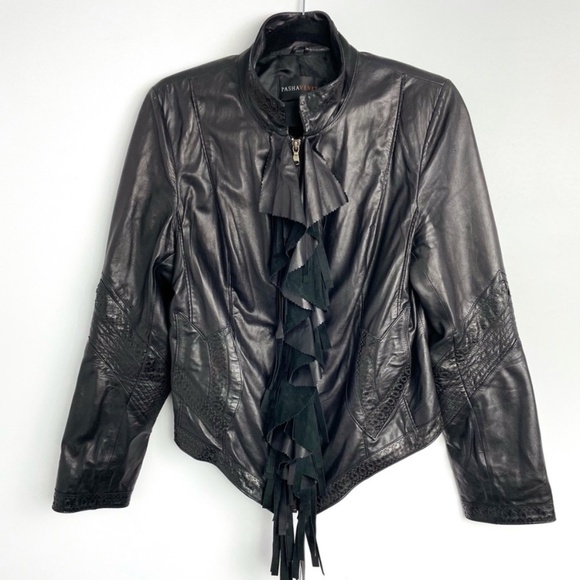 Pasha Veneto Ruffle and fringe genuine leather jacket